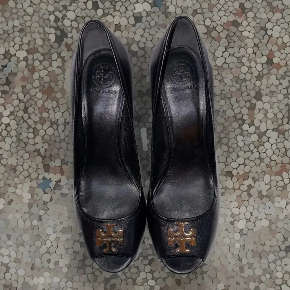 Tory Burch Jolie Peep Toe Black Leather Wedge Heel Preppy Career Formal Sz 9.5M